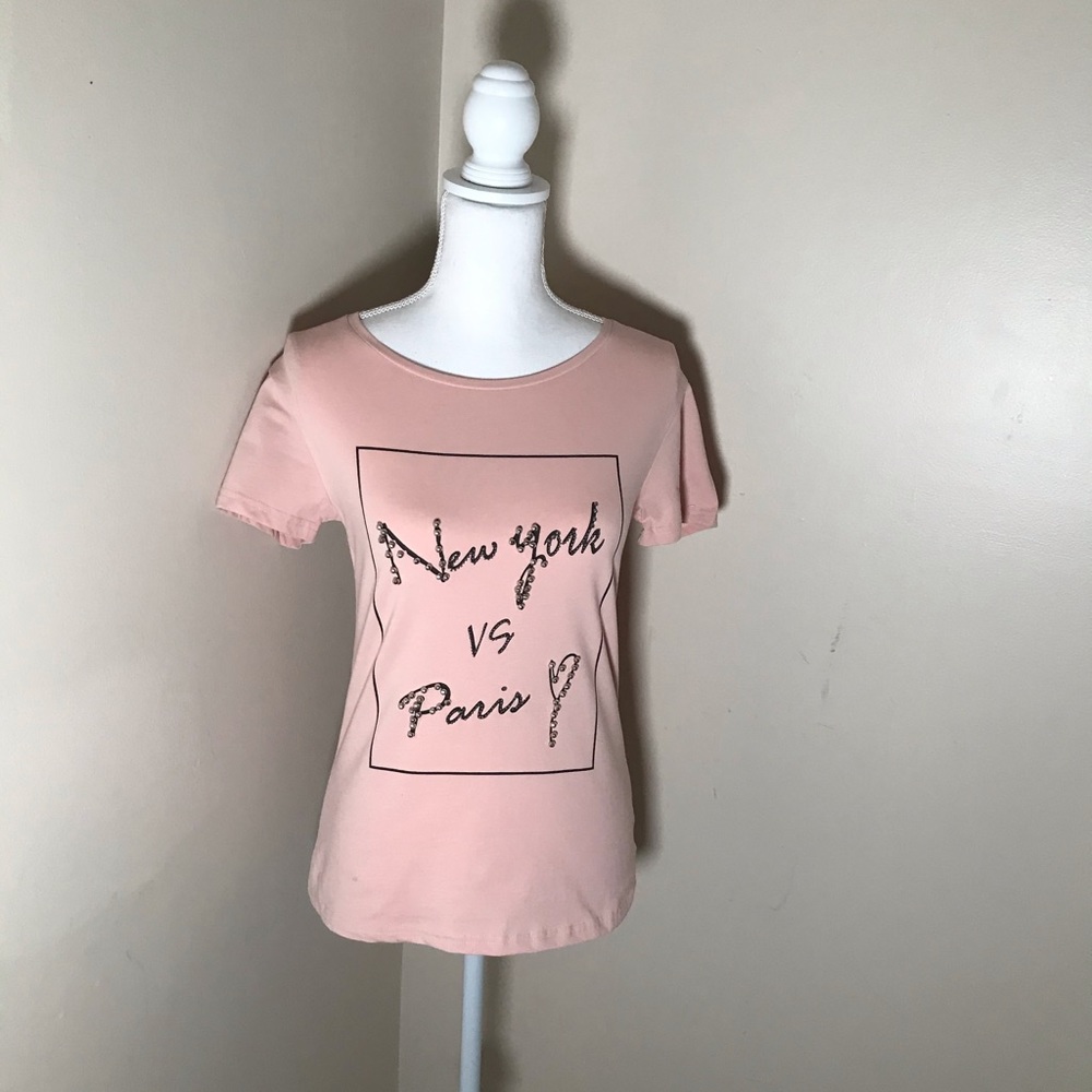 NY vs Paris Baby Pink Embellished Tee